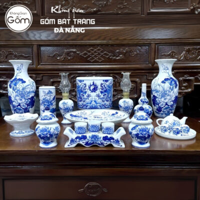 Bộ đồ thờ men lam họa tiết song long liên hoa tại Đà Nẵng BT-BĐT89