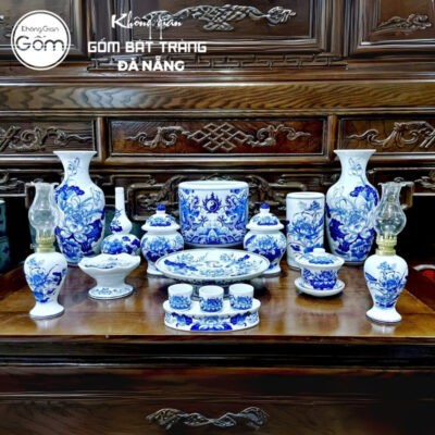 Bộ đồ thờ men lam họa tiết song long liên hoa tại Đà Nẵng BT-BĐT91