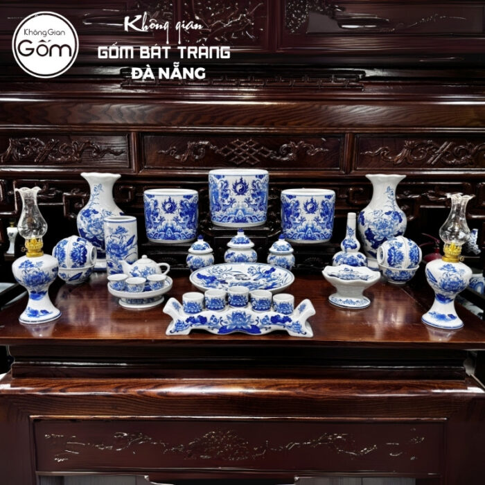 Bộ đồ thờ men lam họa tiết song long liên hoa tại Đà Nẵng BT-BĐT97