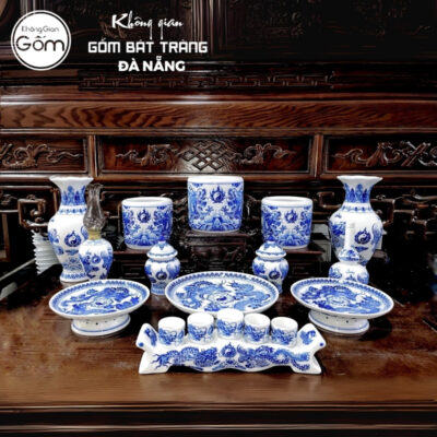 Bộ đồ thờ men lam họa tiết vân long phụng liên tại Đà Nẵng BT-BĐT108