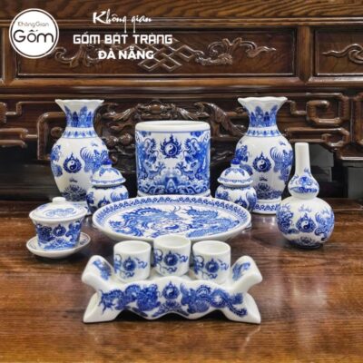 Bộ đồ thờ men lam họa tiết vân long phụng liên tại Đà Nẵng BT-BĐT52