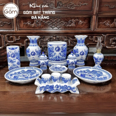 Bộ đồ thờ men lam họa tiết vân long phụng liên tại Đà Nẵng BT-BĐT72