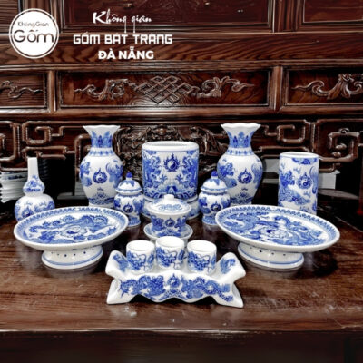 Bộ đồ thờ men lam họa tiết vân long phụng liên tại Đà Nẵng BT-BĐT74