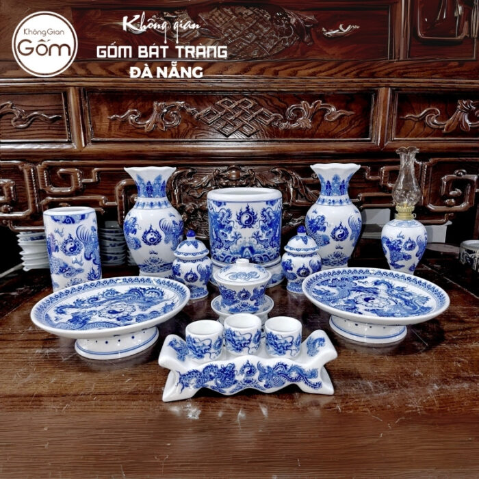 Bộ đồ thờ men lam họa tiết vân long phụng liên tại Đà Nẵng BT-BĐT75