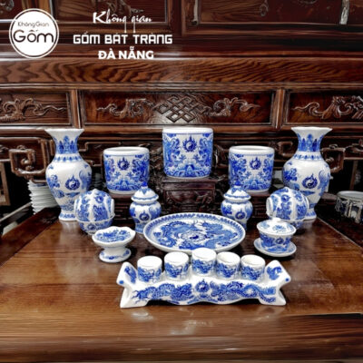 Bộ đồ thờ men lam hoạ tiết vân long phụng liên tại Đà Nẵng BT-BĐT76