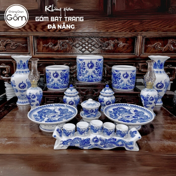 Bộ đồ thờ men lam hoạ tiết vân long phụng liên tại Đà Nẵng BT-BĐT80