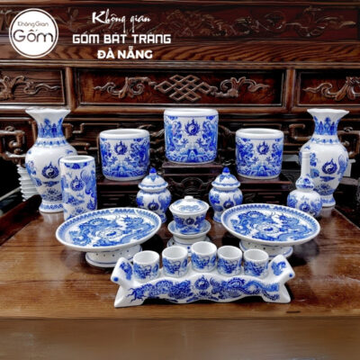 Bộ đồ thờ men lam hoạ tiết vân long phụng liên tại Đà Nẵng BT-BĐT81