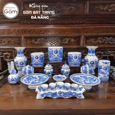 Bộ đồ thờ men lam họa tiết vân long phụng liên tại Đà Nẵng BT-BĐT90