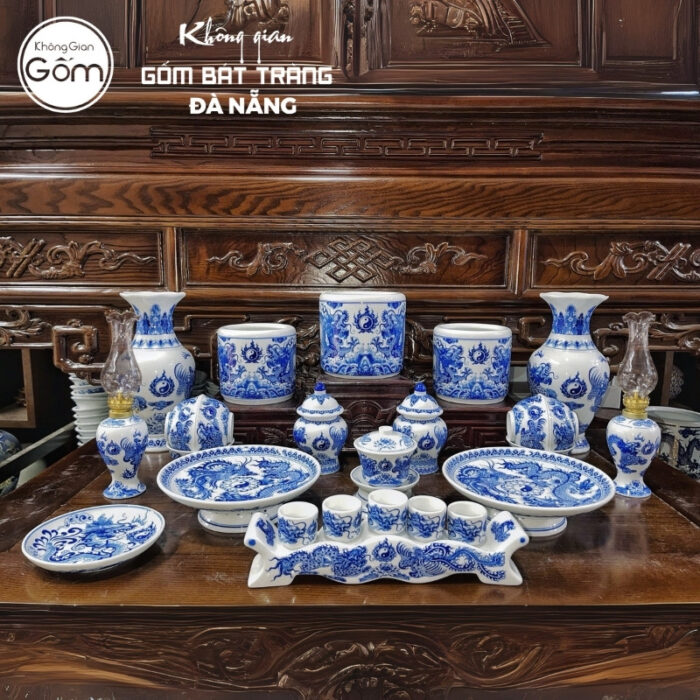 Bộ đồ thờ men lam họa tiết vân long phụng liên tại Đà Nẵng BT-BĐT93