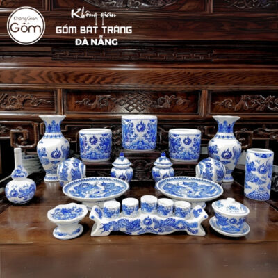 Bộ đồ thờ men lam họa tiết vân long phụng liên tại Đà Nẵng BT-BĐT95