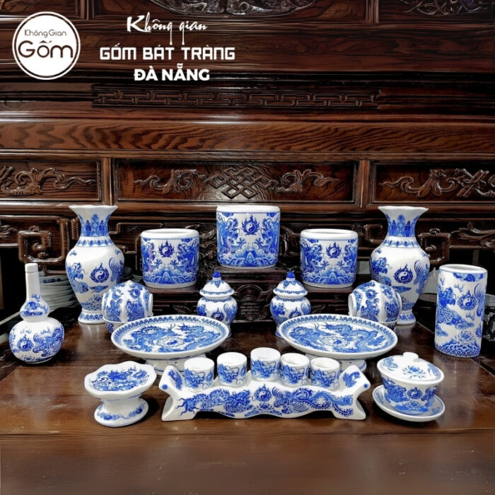 Bộ đồ thờ men lam họa tiết vân long phụng liên tại Đà Nẵng BT-BĐT95