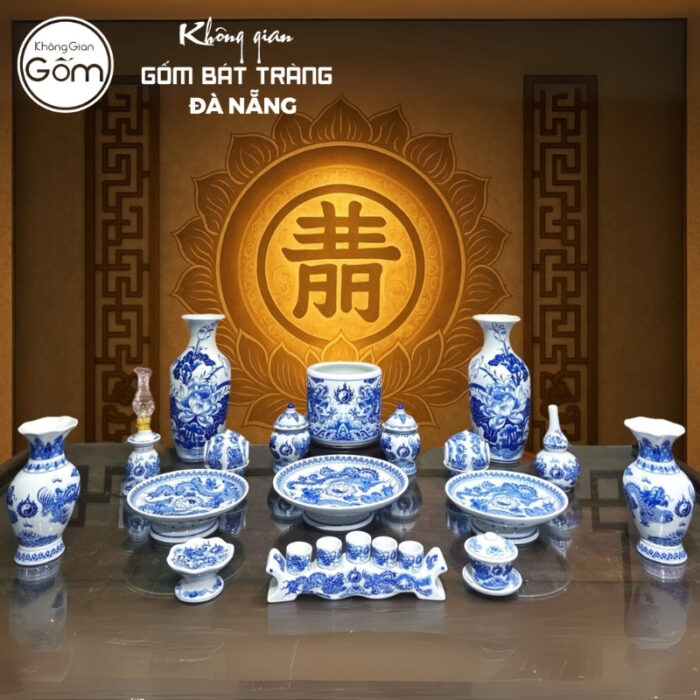 Bộ đồ thờ men lam họa tiết vân long phụng liên và liên hoa tại Đà Nẵng BT-BĐT129