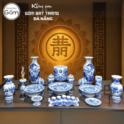 Bộ đồ thờ men lam họa tiết vân long phụng liên và song long liên hoa tại Đà Nẵng BT-BĐT128