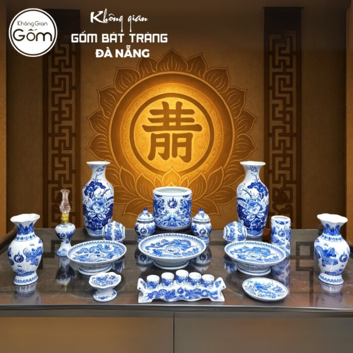 Bộ đồ thờ men lam họa tiết vân long phụng liên và song long liên hoa tại Đà Nẵng BT-BĐT128