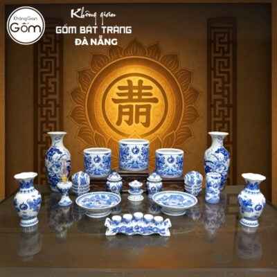 Bộ đồ thờ men lam họa tiết vân long phụng liên và song long liên hoa tại Đà Nẵng BT-BĐT130
