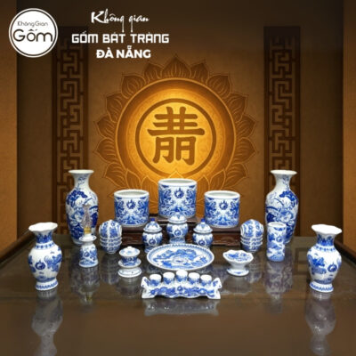 Bộ đồ thờ men lam họa tiết vân long phụng liên và song long liên hoa tại Đà Nẵng BT-BĐT131