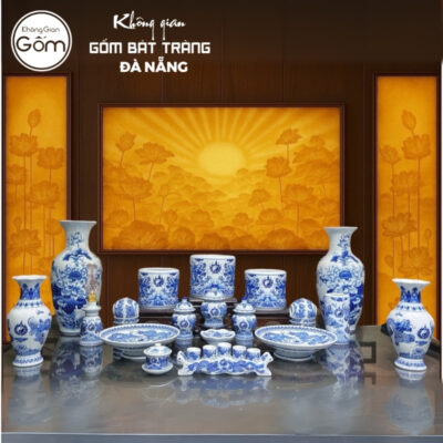 Bộ đồ thờ men lam họa tiết vân long phụng liên và song long liên hoa tại Đà Nẵng BT-BĐT174