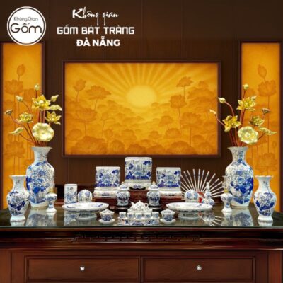 Bộ đồ thờ men lam vẽ vàng họa tiết liên hoa BT-BĐT02
