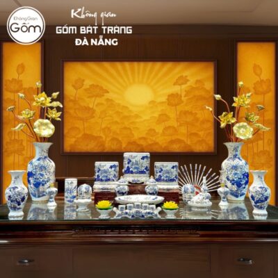 Bộ đồ thờ men lam vẽ vàng họa tiết liên hoa BT-BĐT03