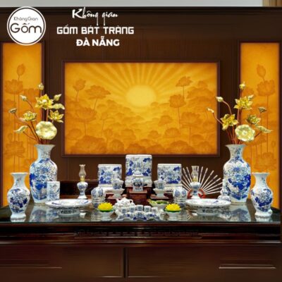 Bộ đồ thờ men lam vẽ vàng họa tiết liên hoa BT-BĐT04