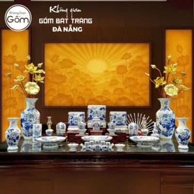 Bộ đồ thờ men lam vẽ vàng họa tiết liên hoa BT-BĐT