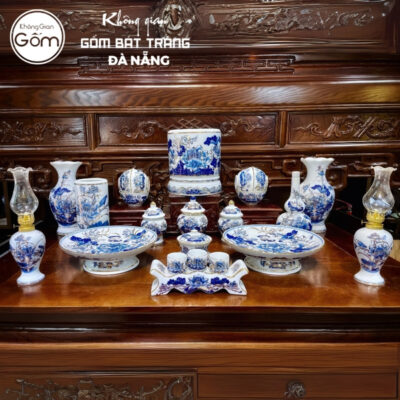 Bộ đồ thờ men lam vẽ vàng họa tiết liên hoa tại Đà Nẵng BT-BĐT127