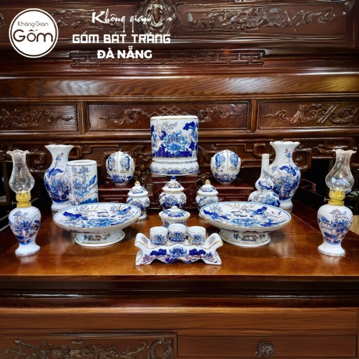Bộ đồ thờ men lam vẽ vàng họa tiết liên hoa tại Đà Nẵng BT-BĐT127