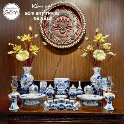Bộ đồ thờ men lam vẽ vàng họa tiết liên hoa tại Đà Nẵng BT-BĐT169