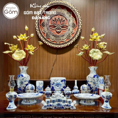 Bộ đồ thờ men lam vẽ vàng họa tiết liên hoa tại Đà Nẵng BT-BĐT170