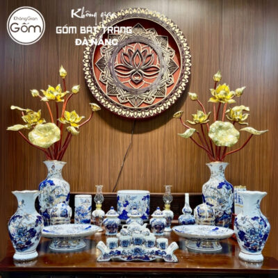 Bộ đồ thờ men lam vẽ vàng họa tiết liên hoa tại Đà Nẵng BT-BĐT172