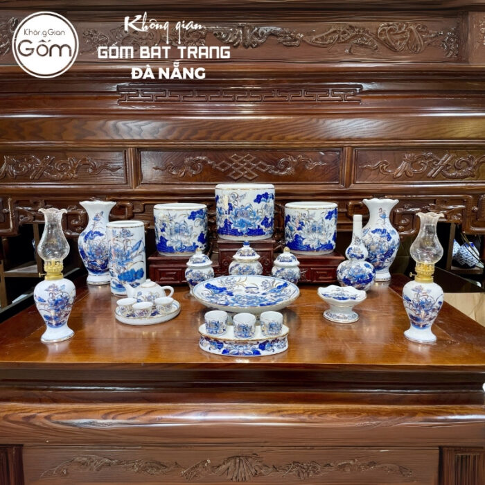 Bộ đồ thờ men lam vẽ vàng họa tiết liên hoa tại Đà Nẵng BT-BĐT99