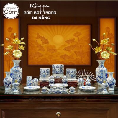 Bộ đồ thờ men lam vẽ vàng họa tiết song long liên hoa BT-BĐT01