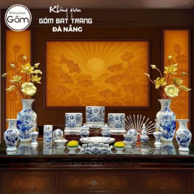 Bộ đồ thờ men lam vẽ vàng họa tiết song long liên hoa tại Đà Nẵng BT-BĐT06