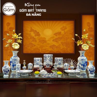 Bộ đồ thờ men lam vẽ vàng họa tiết song long liên hoa tại Đà Nẵng BT-BĐT07