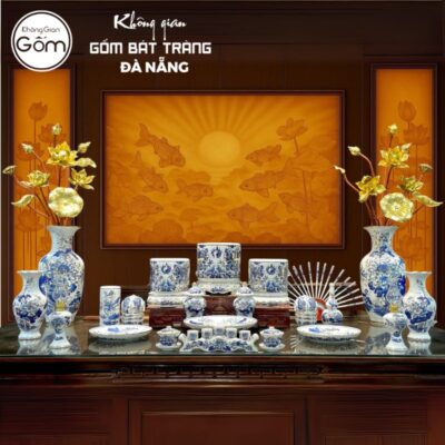 Bộ đồ thờ men lam vẽ vàng họa tiết song long liên hoa tại Đà Nẵng BT-BĐT09