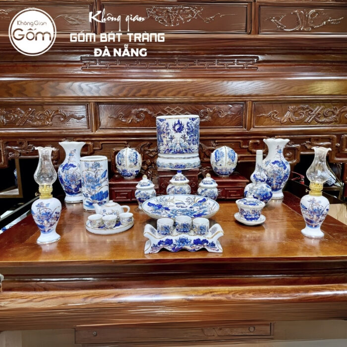Bộ đồ thờ men lam vẽ vàng họa tiết song long liên hoa tại Đà Nẵng BT-BĐT100