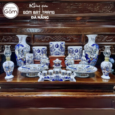 Bộ đồ thờ men lam vẽ vàng họa tiết song long liên hoa tại Đà Nẵng BT-BĐT115