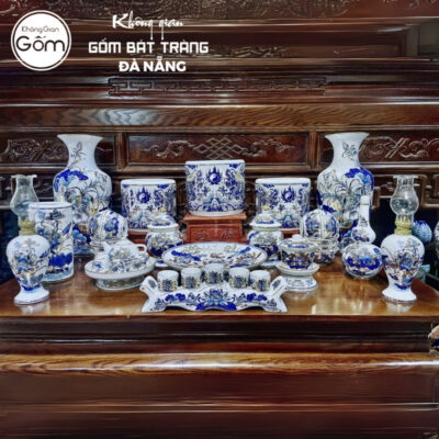 Bộ đồ thờ men lam vẽ vàng họa tiết song long liên hoa tại Đà Nẵng BT-BĐT116