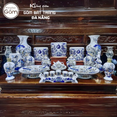 Bộ đồ thờ men lam vẽ vàng họa tiết song long liên hoa tại Đà Nẵng BT-BĐT117