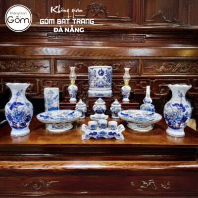Bộ đồ thờ men lam vẽ vàng họa tiết song long liên hoa tại Đà Nẵng BT-BĐT125