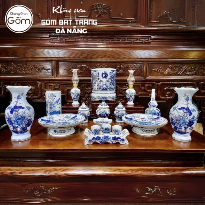 Bộ đồ thờ men lam vẽ vàng họa tiết song long liên hoa tại Đà Nẵng BT-BĐT125