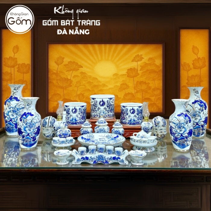 Bộ đồ thờ men lam vẽ vàng họa tiết song long liên hoa tại Đà Nẵng BT-BĐT178