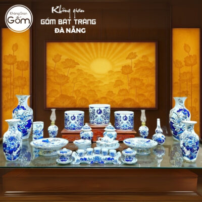 Bộ đồ thờ men lam vẽ vàng họa tiết song long liên hoa tại Đà Nẵng BT-BĐT185