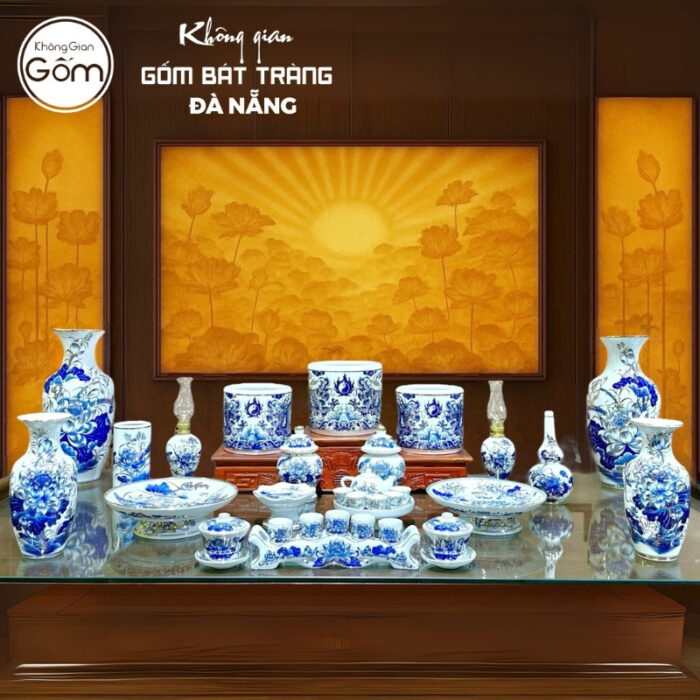 Bộ đồ thờ men lam vẽ vàng họa tiết song long liên hoa tại Đà Nẵng BT-BĐT185