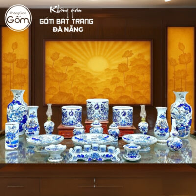 Bộ đồ thờ men lam vẽ vàng họa tiết song long liên hoa tại Đà Nẵng BT-BĐT186