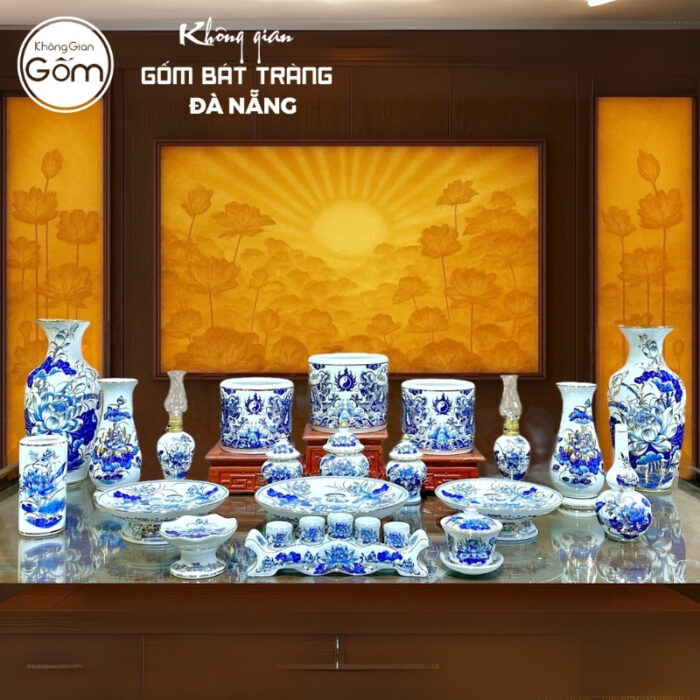 Bộ đồ thờ men lam vẽ vàng họa tiết song long liên hoa tại Đà Nẵng BT-BĐT186