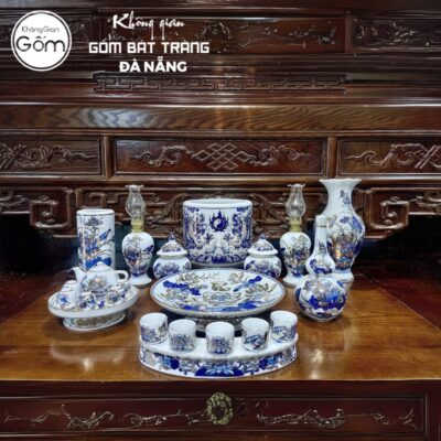 Bộ đồ thờ men lam vẽ vàng họa tiết song long liên hoa tại Đà Nẵng BT-BĐT54