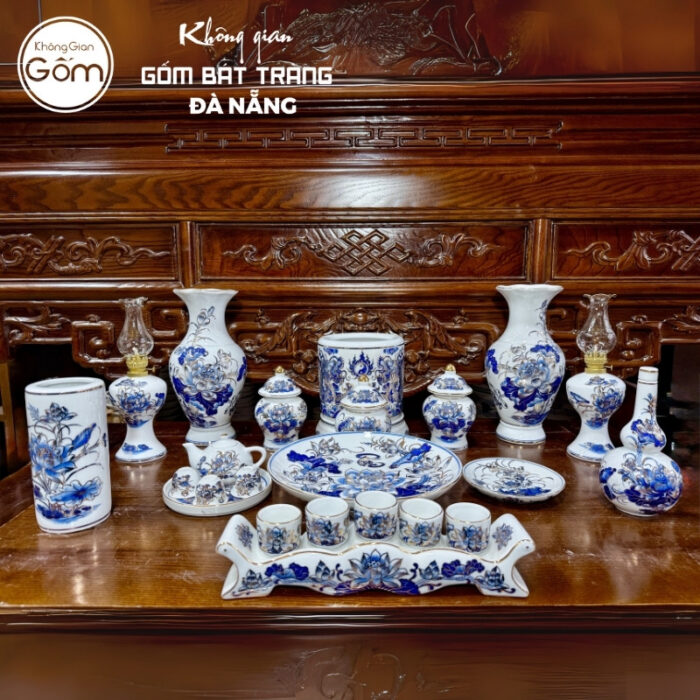 Bộ đồ thờ men lam vẽ vàng họa tiết song long liên hoa tại Đà Nẵng BT-BĐT66