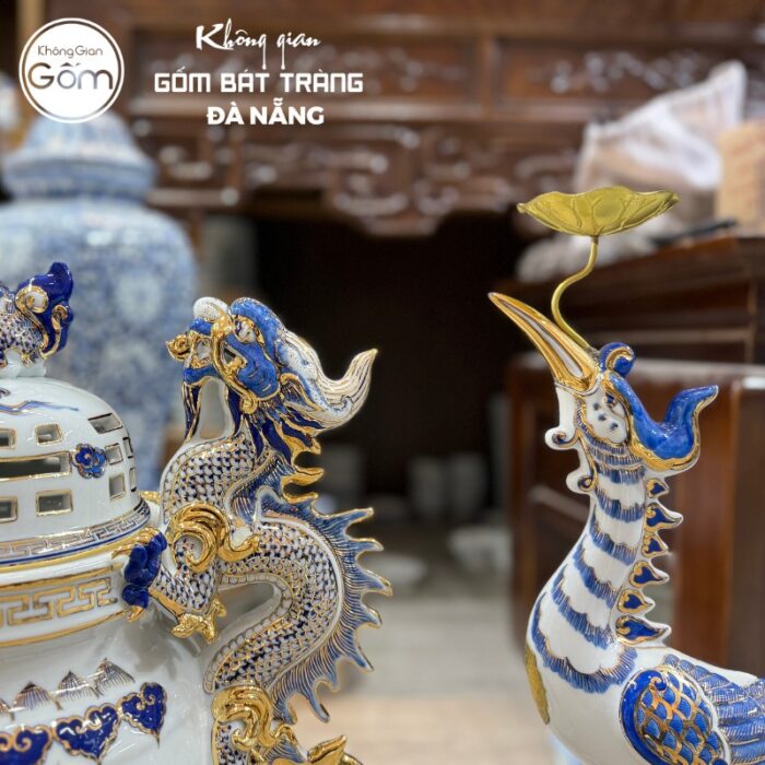 Bộ đồ thờ có đỉnh hạc men lam vẽ vàng hoạ tiết song long liên hoa tại Đà Nẵng BT-BĐT29 - Ảnh 5