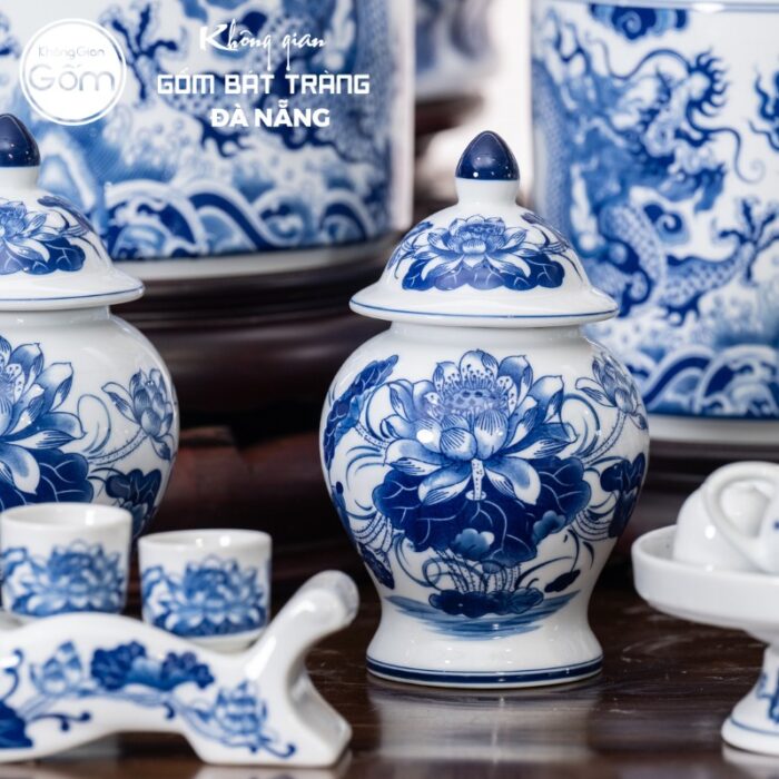 Bộ đồ thờ men lam có đỉnh hạc họa tiết song long liên hoa tại Đà Nẵng BT-BĐT17 - Ảnh 4